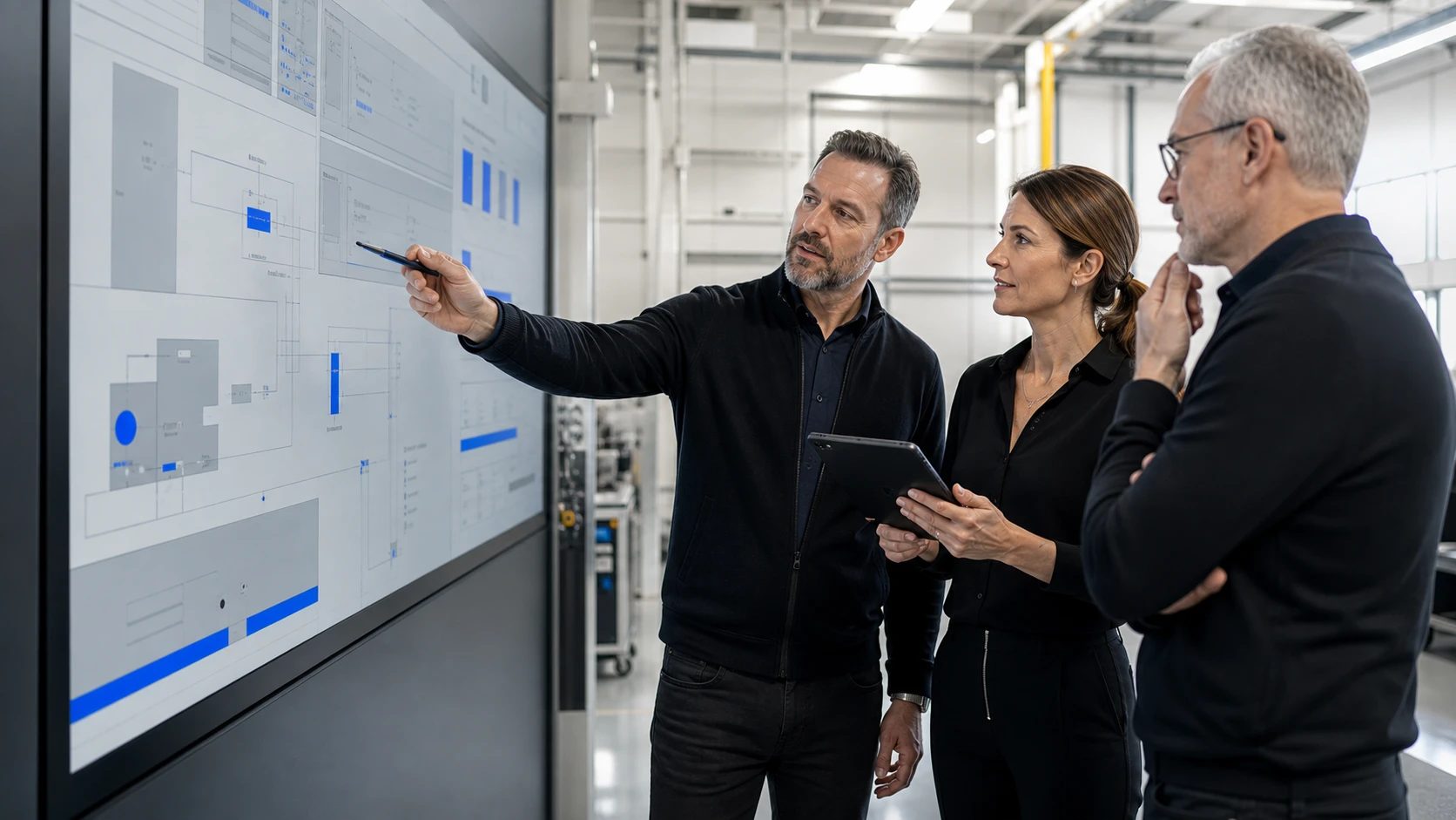 Team reviewing a sales and operations flow on a large screen
