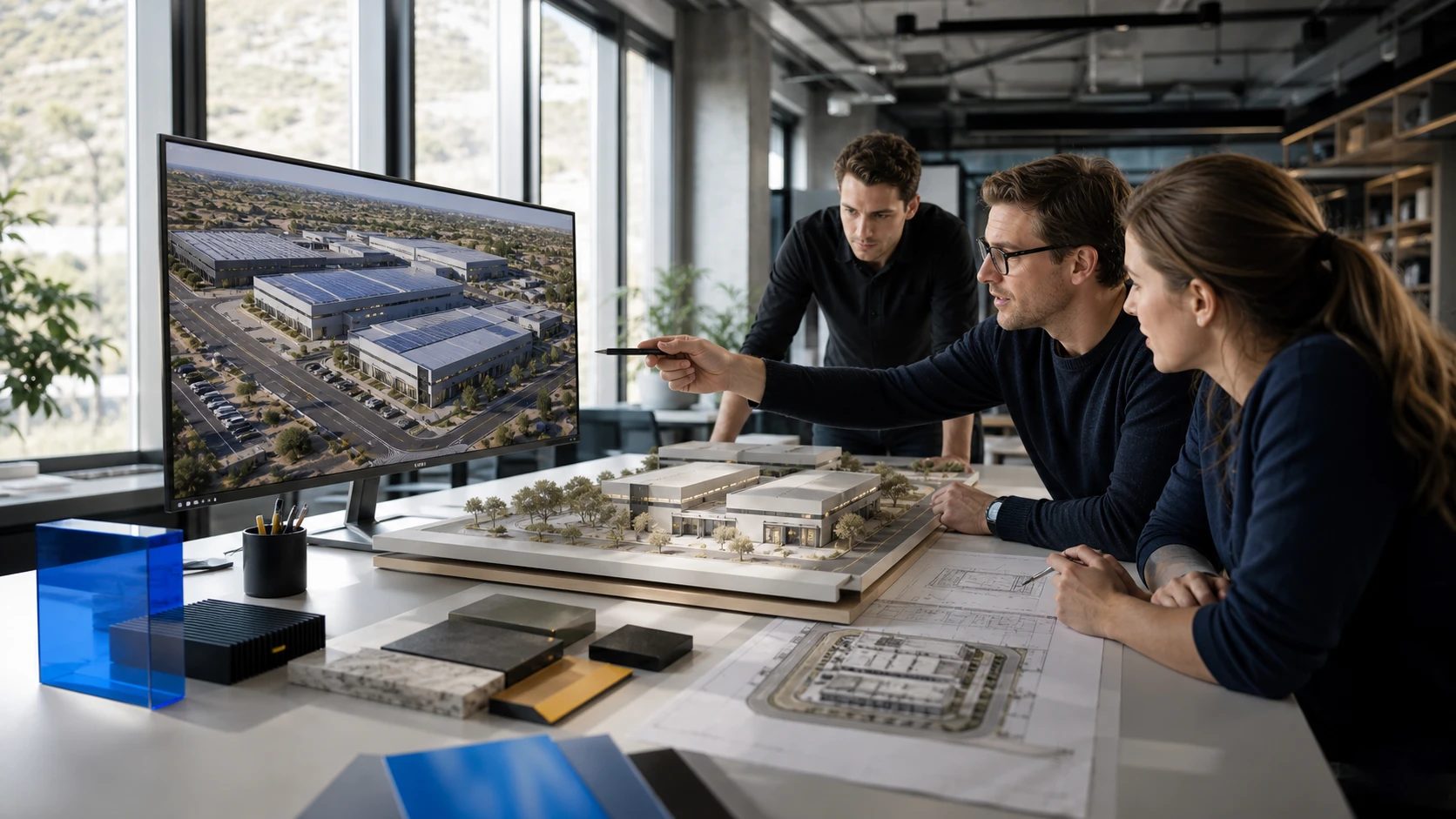 Team reviewing an industrial park render, scale model and plans